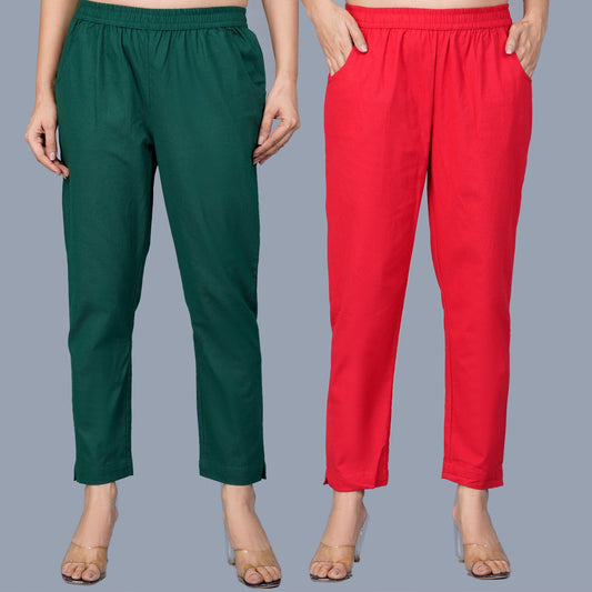 Pack Of 2 Womens Regular Fit Bottle Green And Red Fully Elastic Waistband Cotton Trouser