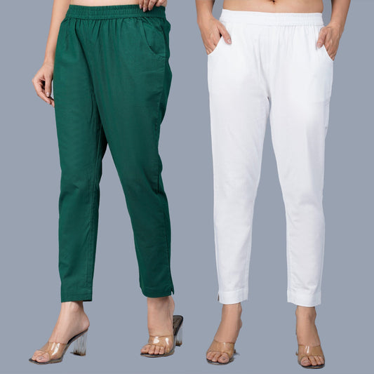 Pack Of 2 Womens Regular Fit Bottle Green And White Fully Elastic Waistband Cotton Trouser