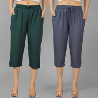 Pack Of 2 Womens Dark Green And Dark Grey Calf Length Rayon Culottes Trouser Combo