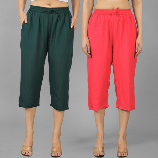 Pack Of 2 Womens Dark Green And Gajri Calf Length Rayon Culottes Trouser Combo