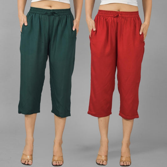 Pack Of 2 Womens Dark Green And Maroon Calf Length Rayon Culottes Trouser Combo