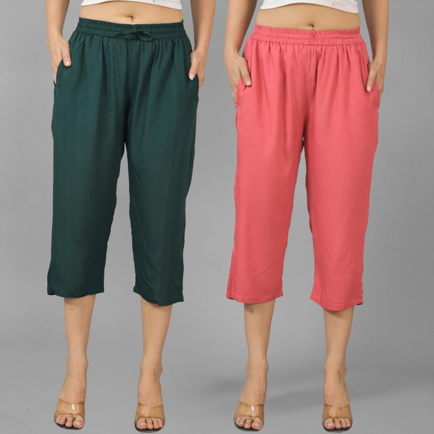 Pack Of 2 Womens Dark Green And Mauve Pink Calf Length Rayon Culottes Trouser Combo