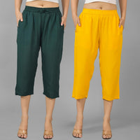 Pack Of 2 Womens Dark Green And Mustard Calf Length Rayon Culottes Trouser Combo