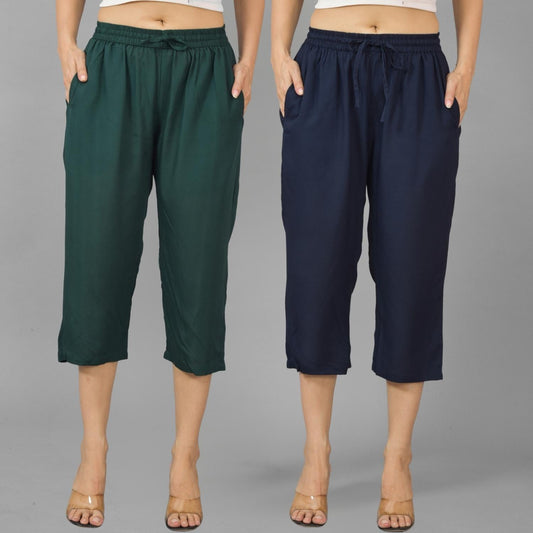 Pack Of 2 Womens Dark Green And Navy Blue Calf Length Rayon Culottes Trouser Combo