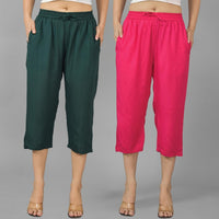 Pack Of 2 Womens Dark Green And Rani Pink Calf Length Rayon Culottes Trouser Combo