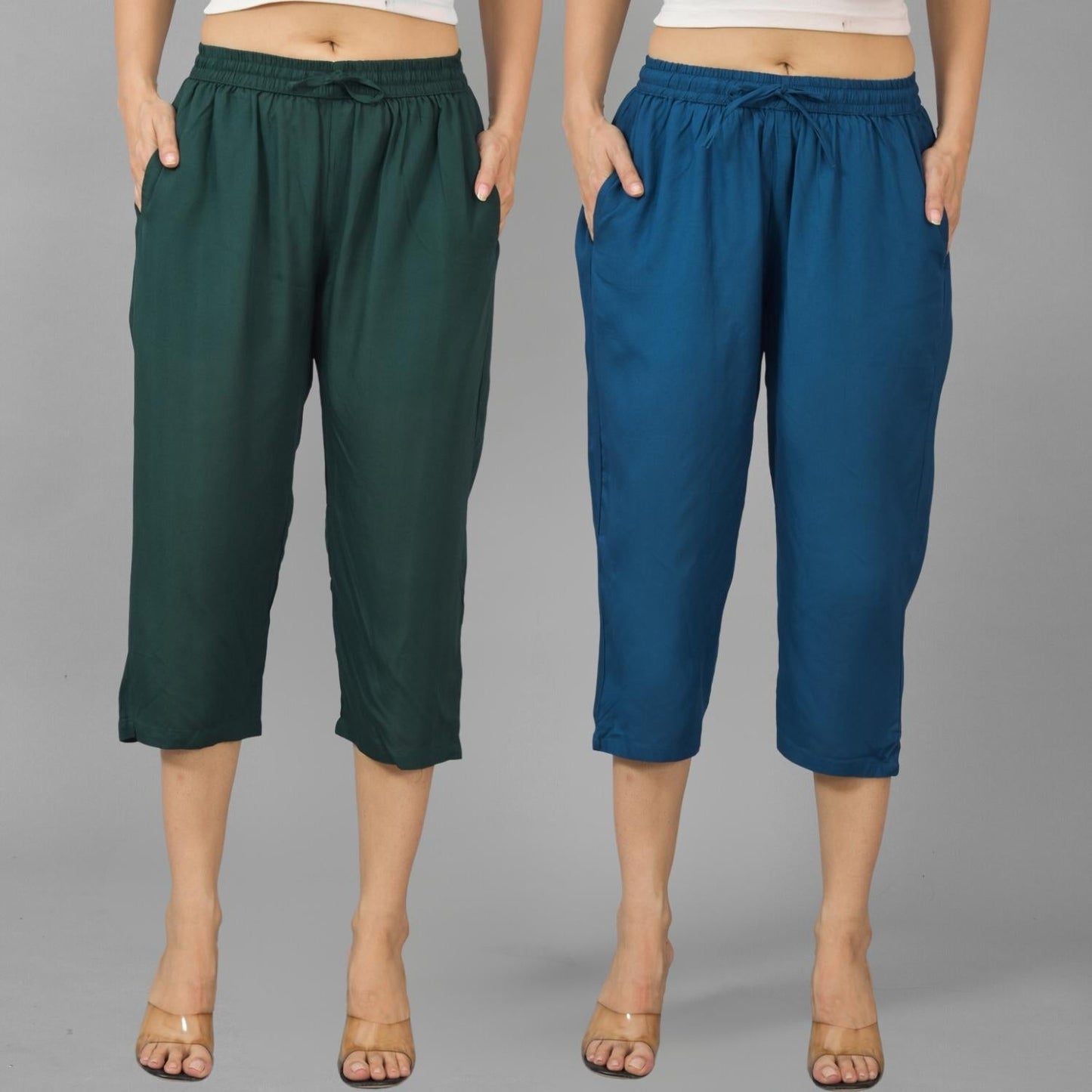 Pack Of 2 Womens Dark Green And Teal Blue Calf Length Rayon Culottes Trouser Combo