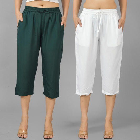 Pack Of 2 Womens Dark Green And White Calf Length Rayon Culottes Trouser Combo