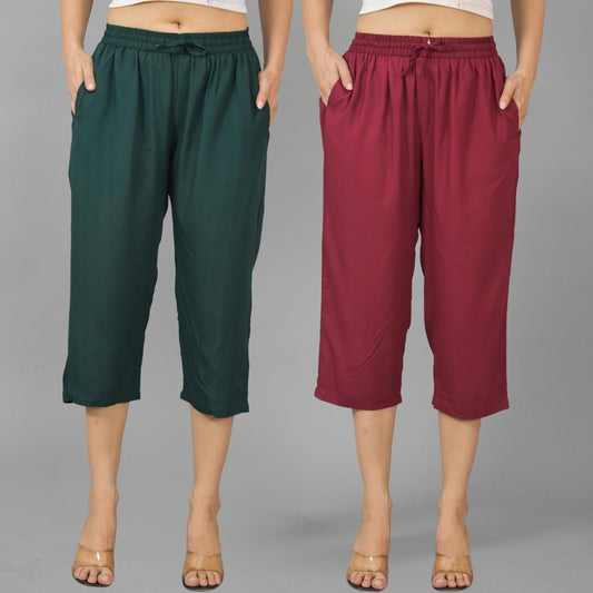 Pack Of 2 Womens Dark Green And Wine Calf Length Rayon Culottes Trouser Combo