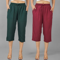 Pack Of 2 Womens Dark Green And Wine Calf Length Rayon Culottes Trouser Combo