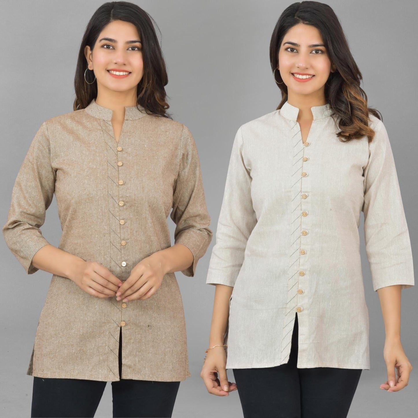 Pack Of 2 Womens Brown And Cream Woven Design Handloom Cotton Frontslit Short Kurtis
