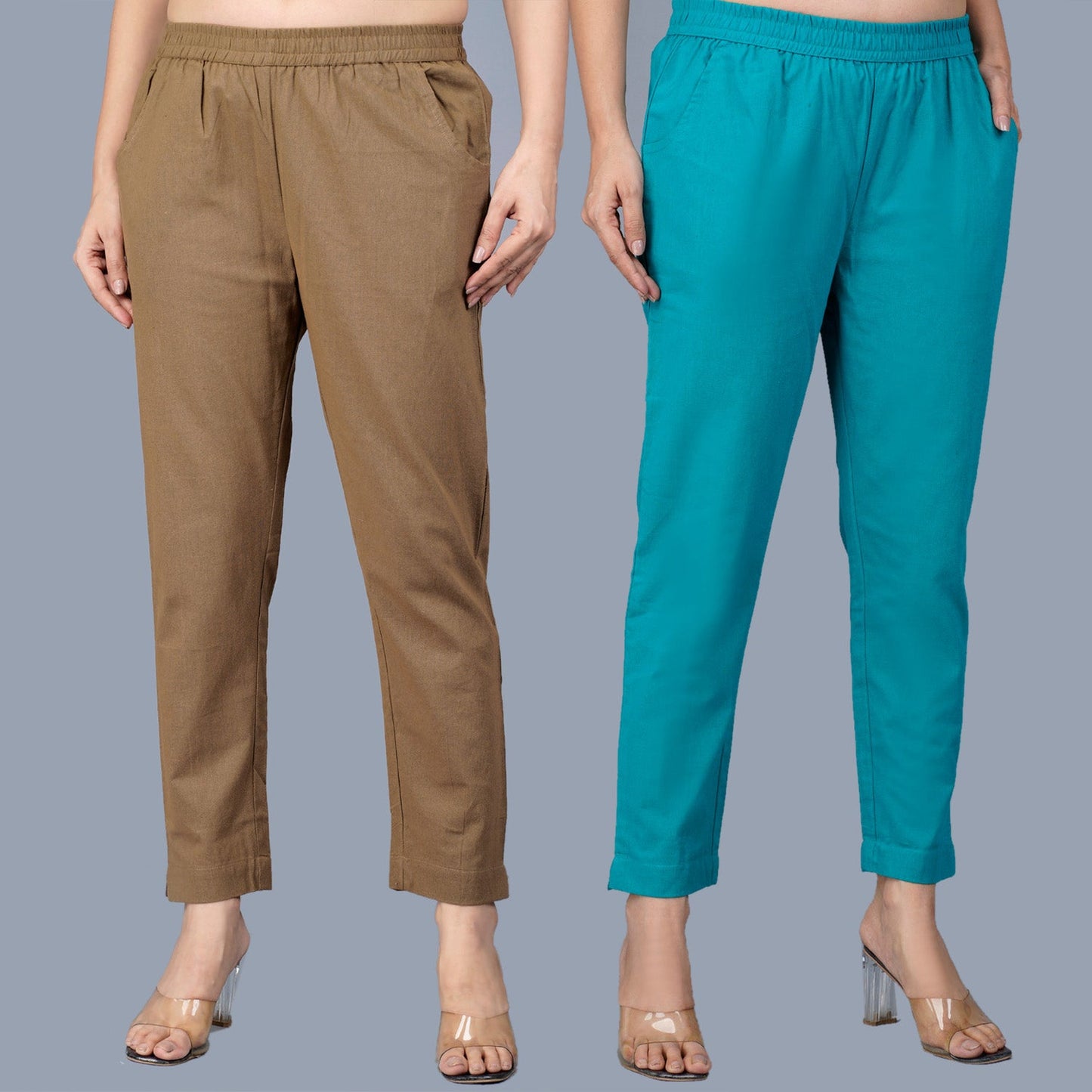 Pack Of 2 Womens Regular Fit Brown And Cyan Fully Elastic Waistband Cotton Trouser