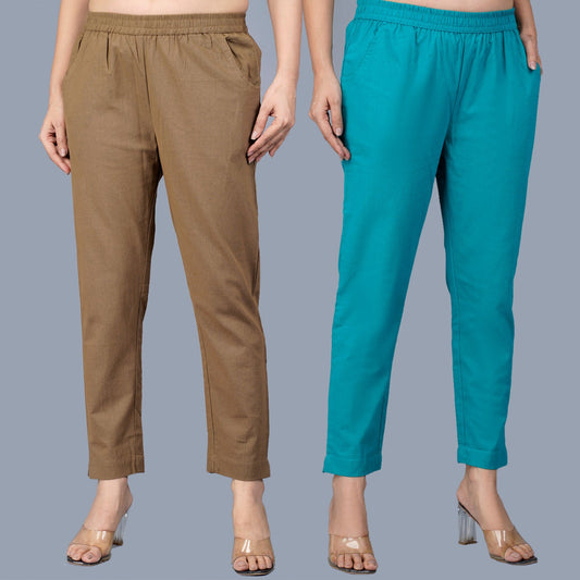 Pack Of 2 Womens Regular Fit Brown And Cyan Fully Elastic Waistband Cotton Trouser