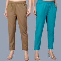 Pack Of 2 Womens Regular Fit Brown And Cyan Fully Elastic Waistband Cotton Trouser