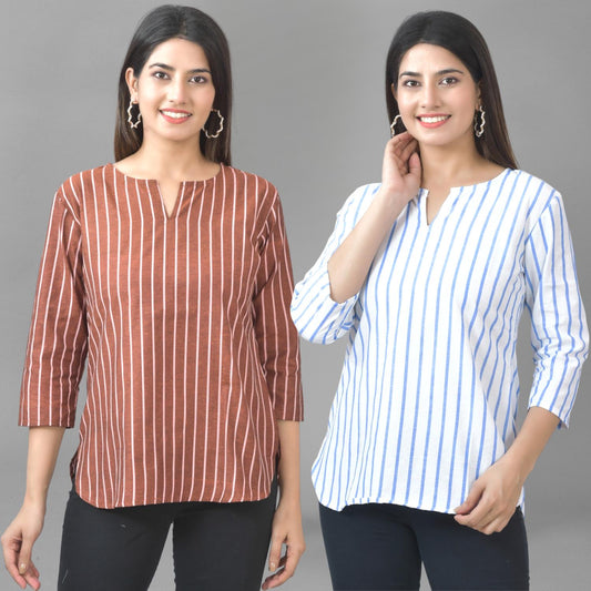 Pack Of 2 Dark Brown And Blue Striped Cotton Womens Top Combo