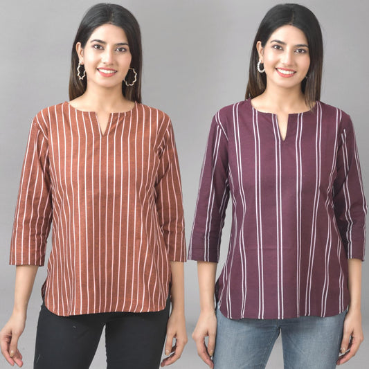 Pack Of 2 Dark Brown And Coffee Striped Cotton Womens Top Combo