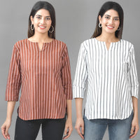 Pack Of 2 Dark Brown And Grey Striped Cotton Womens Top Combo