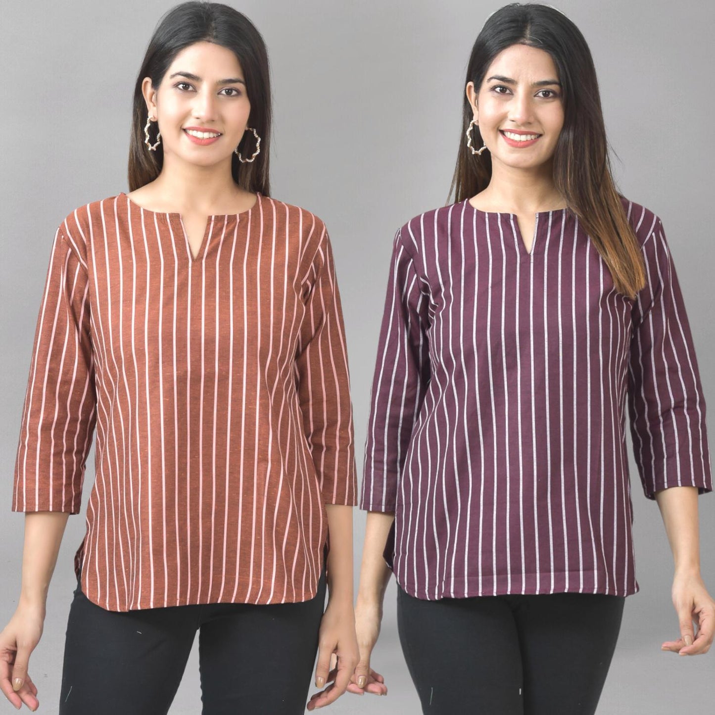 Pack Of 2 Dark Brown And Maroon Striped Cotton Womens Top Combo