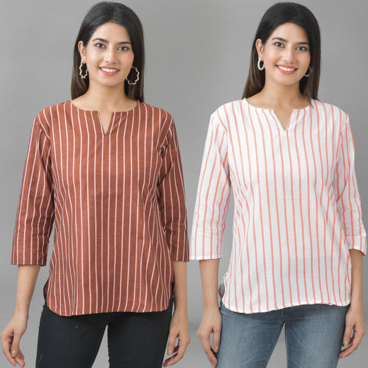 Pack Of 2 Dark Brown And Orange Striped Cotton Womens Top Combo