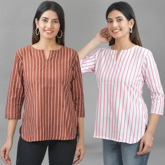 Pack Of 2 Dark Brown And Pink Striped Cotton Womens Top Combo