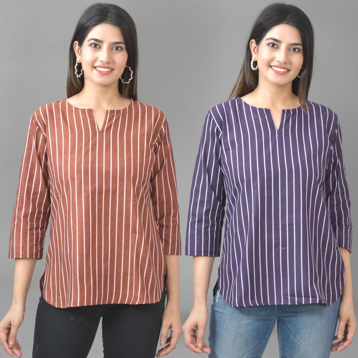 Pack Of 2 Dark Brown And Dark Purple Striped Cotton Womens Top Combo