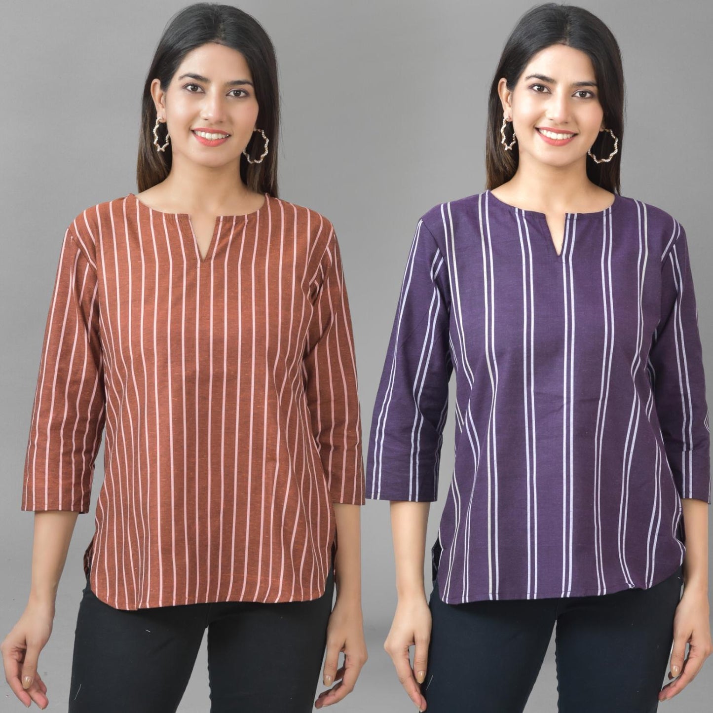 Pack Of 2 Dark Brown And Purple Striped Cotton Womens Top Combo