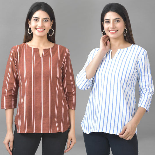 Pack Of 2 Brown And Blue Striped Cotton Womens Top Combo