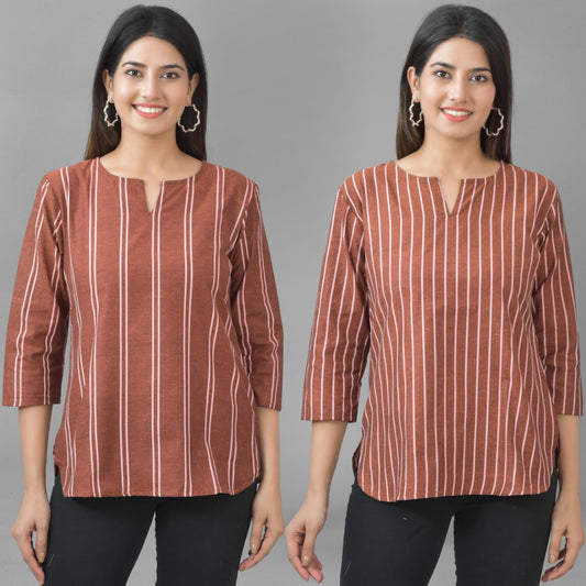 Pack Of 2 Brown And Dark Brown Striped Cotton Womens Top Combo