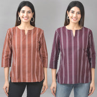 Pack Of 2 Brown And Coffee Striped Cotton Womens Top Combo