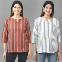 Pack Of 2 Brown And Grey Striped Cotton Womens Top Combo