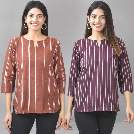 Pack Of 2 Brown And Maroon Striped Cotton Womens Top Combo