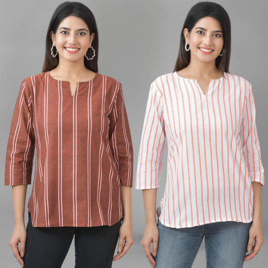 Pack Of 2 Brown And Orange Striped Cotton Womens Top Combo