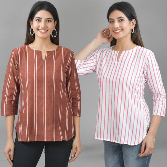 Pack Of 2 Brown And Pink Striped Cotton Womens Top Combo