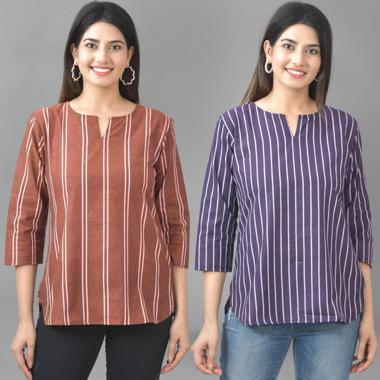 Pack Of 2 Brown And Dark Purple Striped Cotton Womens Top Combo