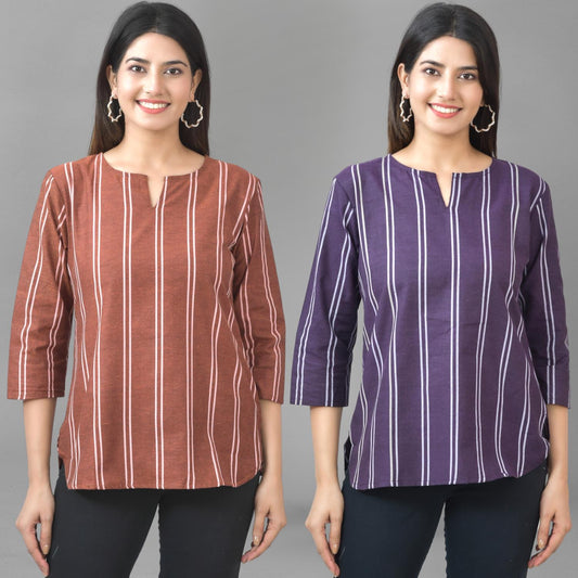 Pack Of 2 Brown And Purple Striped Cotton Womens Top Combo