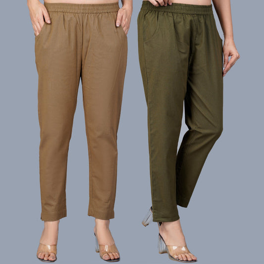 Pack Of 2 Womens Regular Fit Brown And Dark Green Fully Elastic Waistband Cotton Trouser