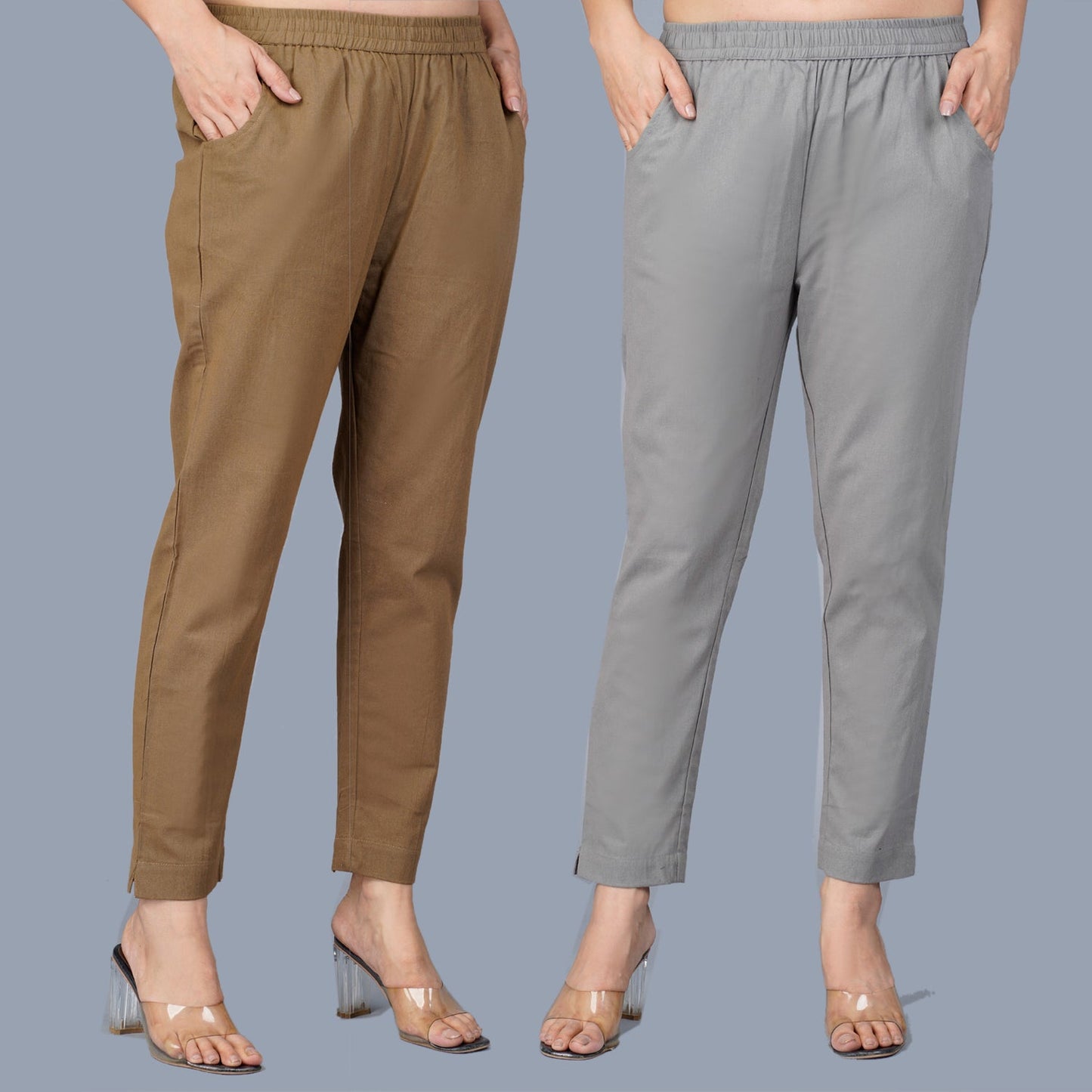 Pack Of 2 Womens Regular Fit Brown And Grey Fully Elastic Waistband Cotton Trouser