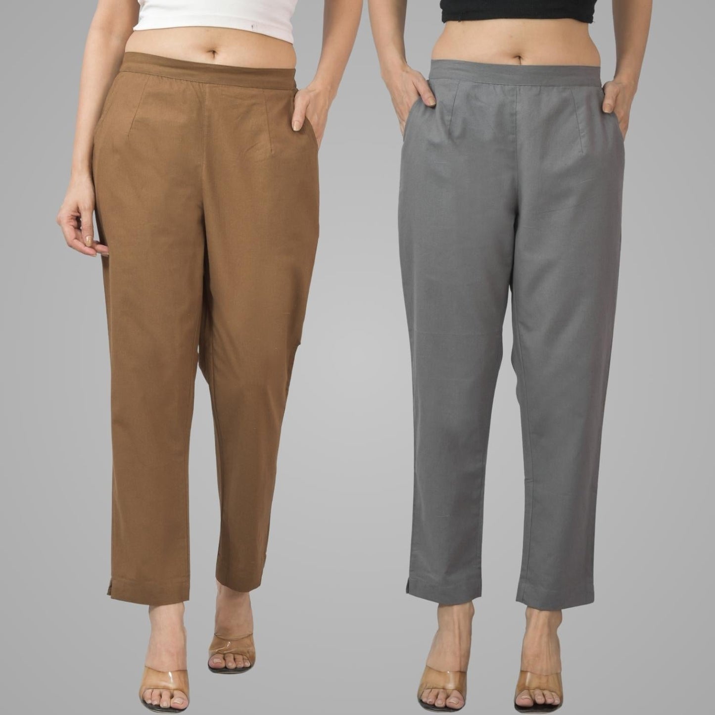 Pack Of 2 Womens Half Elastic Brown And Grey Deep Pocket Cotton Pants