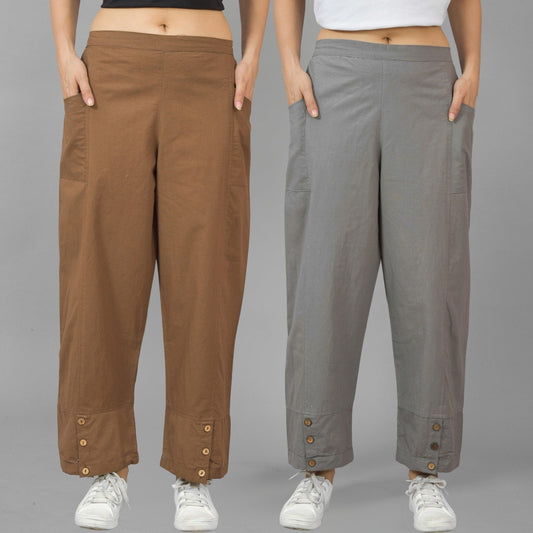 Combo Pack Of Womens Brown And Grey Side Pocket Straight Cargo Pants