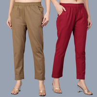 Pack Of 2 Womens Regular Fit Brown And Maroon Fully Elastic Waistband Cotton Trouser