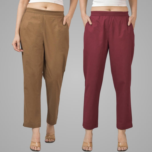 Pack Of 2 Womens Half Elastic Brown And Maroon Deep Pocket Cotton Pants