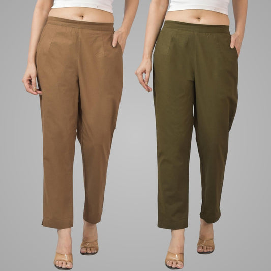 Pack Of 2 Womens Half Elastic Brown And Mehndi Green Deep Pocket Cotton Pants