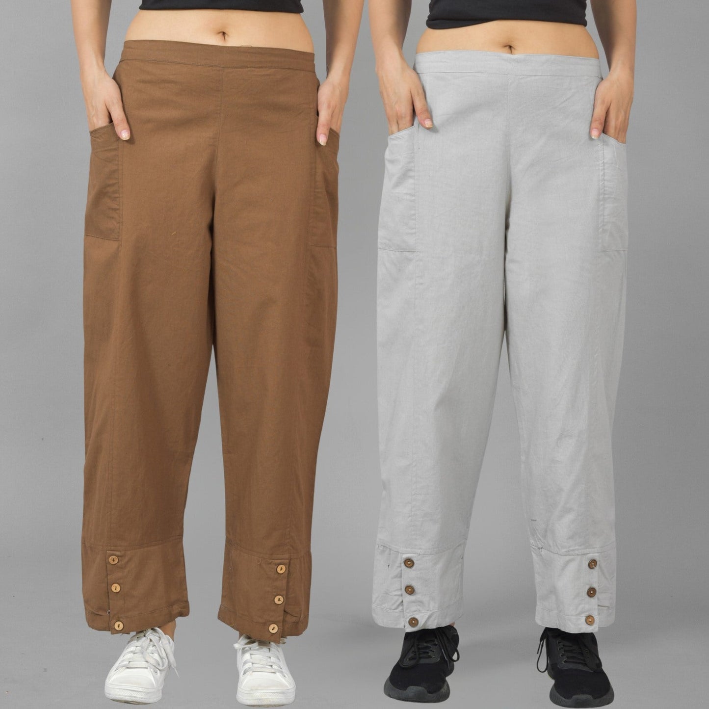 Combo Pack Of Womens Brown And Melange Grey Side Pocket Straight Cargo Pants
