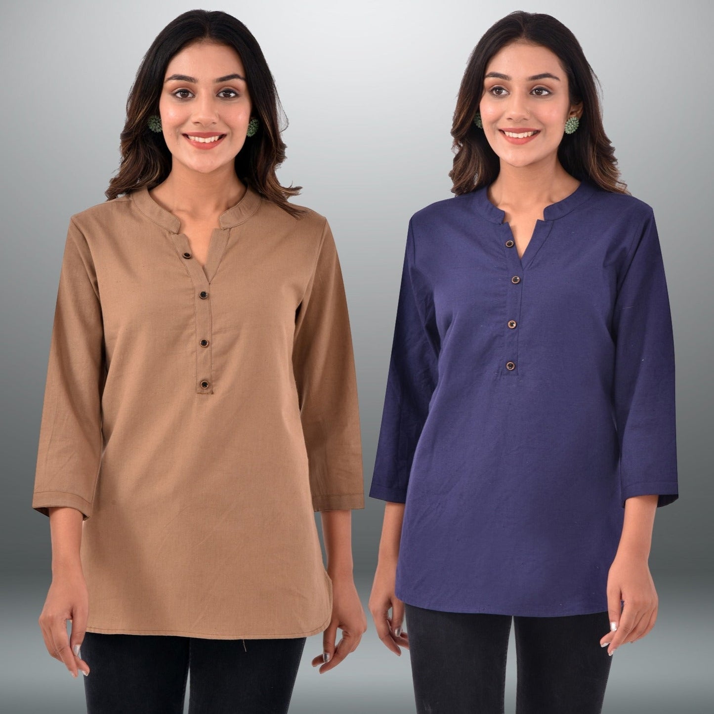 Pack Of 2 Womens Regular Fit Brown And Navy Blue Three Fourth Sleeve Cotton Tops Combo