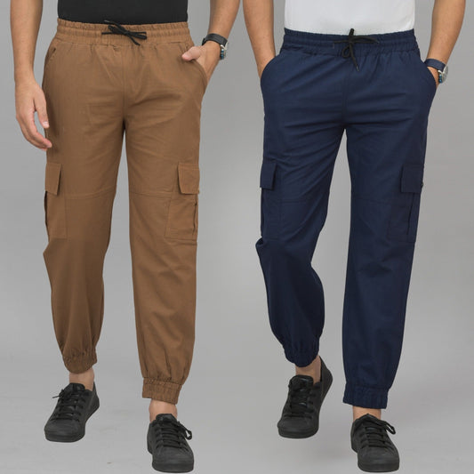 Pack Of 2 Mens Brown And Navy Blue Airy Linen Summer Cool Cotton Comfort Joggers