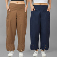 Combo Pack Of Womens Brown And Navy Blue Side Pocket Straight Cargo Pants