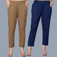 Pack Of 2 Womens Regular Fit Brown And Navy Blue Fully Elastic Waistband Cotton Trouser