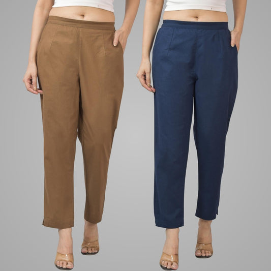 Pack Of 2 Womens Half Elastic Brown And Navy Blue Deep Pocket Cotton Pants