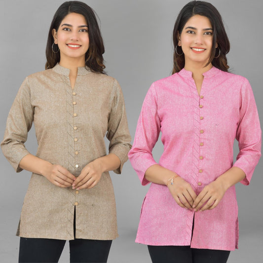 Pack Of 2 Womens Brown And Pink Woven Design Handloom Cotton Frontslit Short Kurtis