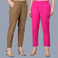 Pack Of 2 Womens Regular Fit Brown And Rani Fully Elastic Waistband Cotton Trouser