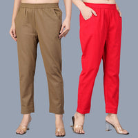 Pack Of 2 Womens Regular Fit Brown And Red Fully Elastic Waistband Cotton Trouser